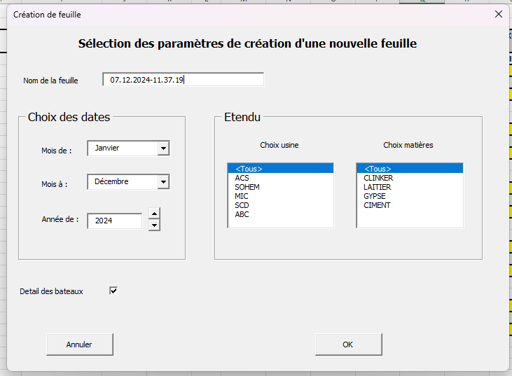 Création feuille excel